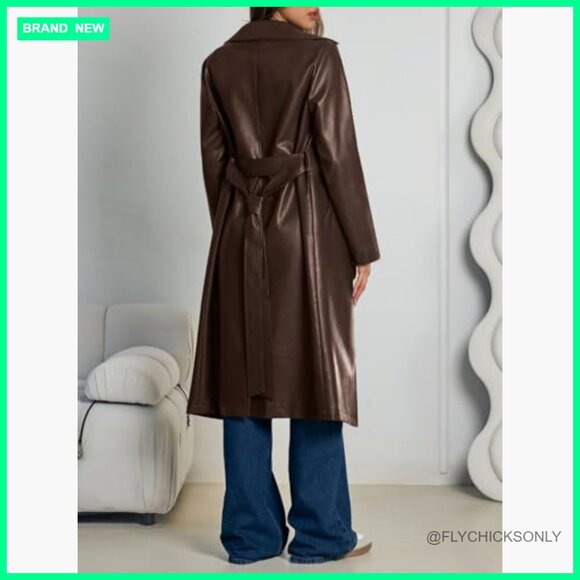 Faux Leather Long Trench Coat with Belt, Open Front, Knee Length - Picture 4 of 6